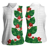 Hawaiian Taro Leaves-Hibiscus and Plumeria Women Sleeveless Polo Shirt Polynesian Art-Kakau Tattoo White LT03 - Polynesian Pride