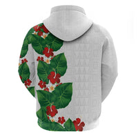 Hawaiian Taro Leaves-Hibiscus and Plumeria Zip Hoodie Polynesian Art-Kakau Tattoo White