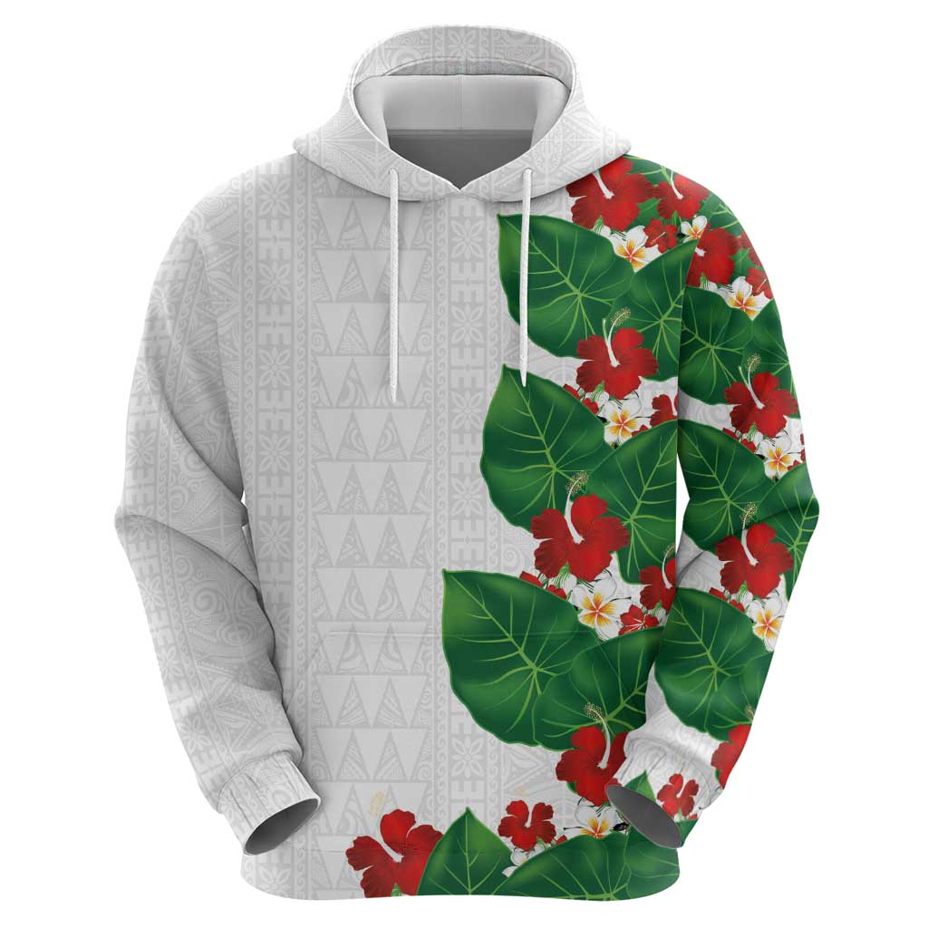 Hawaiian Taro Leaves-Hibiscus and Plumeria Zip Hoodie Polynesian Art-Kakau Tattoo White