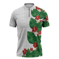 Hawaiian Taro Leaves-Hibiscus and Plumeria Zipper Polo Shirt Polynesian Art-Kakau Tattoo White
