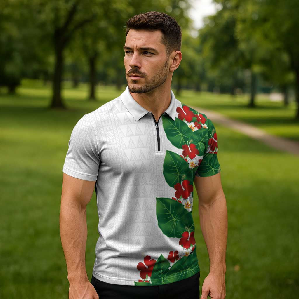 Hawaiian Taro Leaves-Hibiscus and Plumeria Zipper Polo Shirt Polynesian Art-Kakau Tattoo White