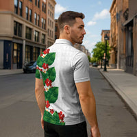 Hawaiian Taro Leaves-Hibiscus and Plumeria Zipper Polo Shirt Polynesian Art-Kakau Tattoo White
