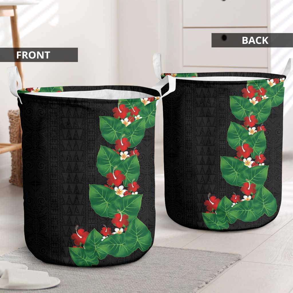 Hawaiian Taro Leaves-Hibiscus and Plumeria Laundry Basket Polynesian Art-Kakau Tattoo Black LT03 - Polynesian Pride