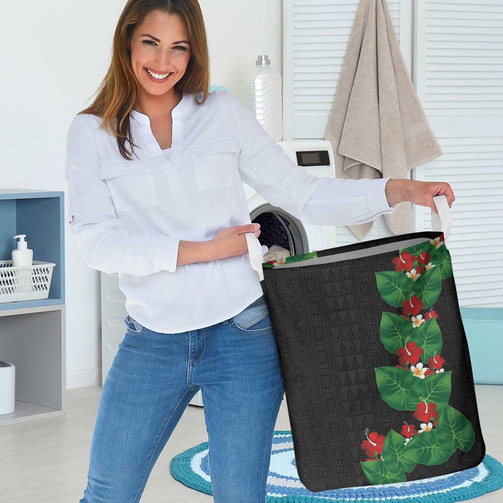 Hawaiian Taro Leaves-Hibiscus and Plumeria Laundry Basket Polynesian Art-Kakau Tattoo Black LT03 - Polynesian Pride