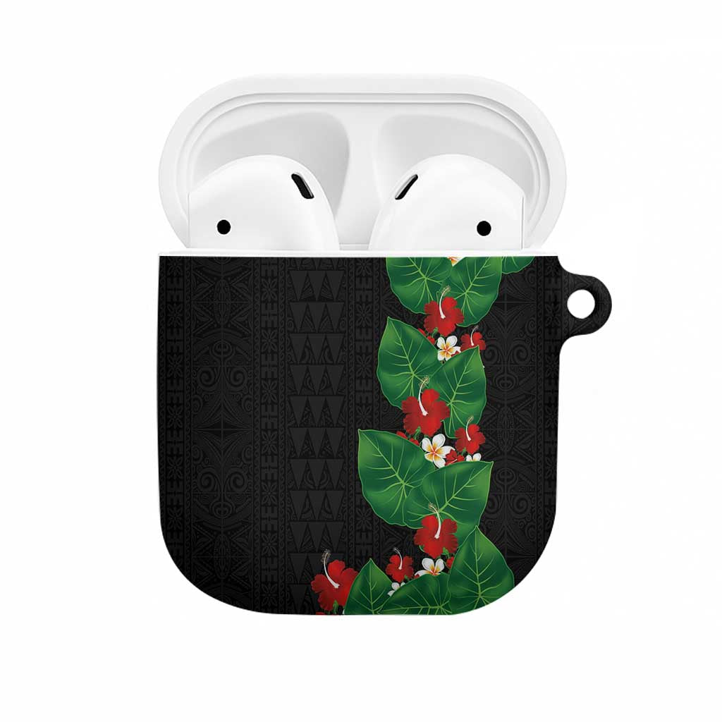 Hawaiian Taro Leaves-Hibiscus and Plumeria AirPods Case Polynesian Art-Kakau Tattoo Black LT03 Black - Polynesian Pride