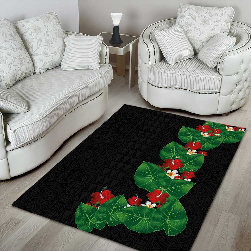 Hawaiian Taro Leaves-Hibiscus and Plumeria Area Rug Polynesian Art-Kakau Tattoo Black LT03 - Polynesian Pride