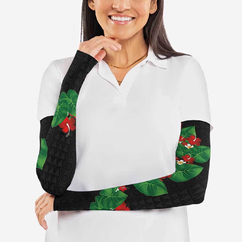Hawaiian Taro Leaves-Hibiscus and Plumeria Arm Sleeves Polynesian Art-Kakau Tattoo Black LT03 - Polynesian Pride