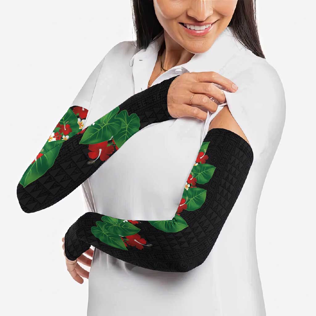 Hawaiian Taro Leaves-Hibiscus and Plumeria Arm Sleeves Polynesian Art-Kakau Tattoo Black LT03 - Polynesian Pride