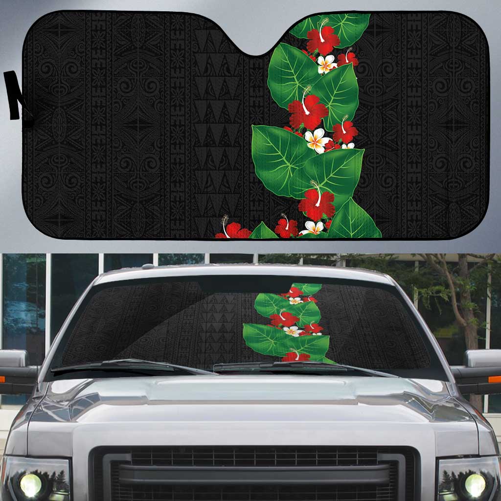 Hawaiian Taro Leaves-Hibiscus and Plumeria Auto Sun Shade Polynesian Art-Kakau Tattoo Black