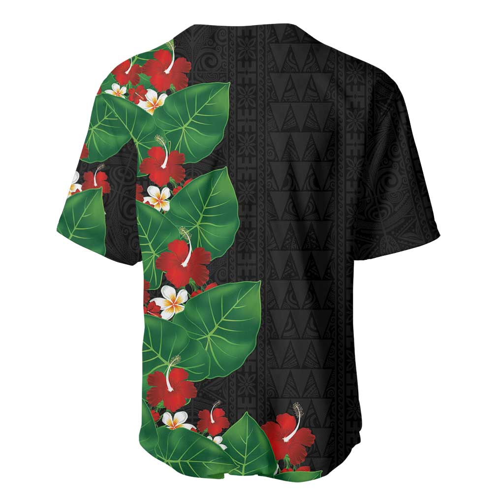 Hawaiian Taro Leaves-Hibiscus and Plumeria Baseball Jersey Polynesian Art-Kakau Tattoo Black LT03 - Polynesian Pride