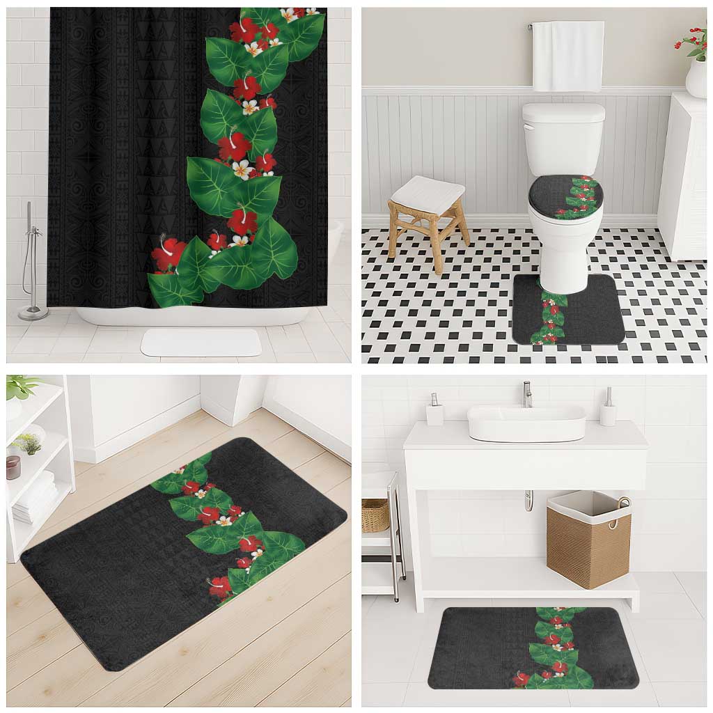 Hawaiian Taro Leaves-Hibiscus and Plumeria Bathroom Set Polynesian Art-Kakau Tattoo Black LT03 - Polynesian Pride