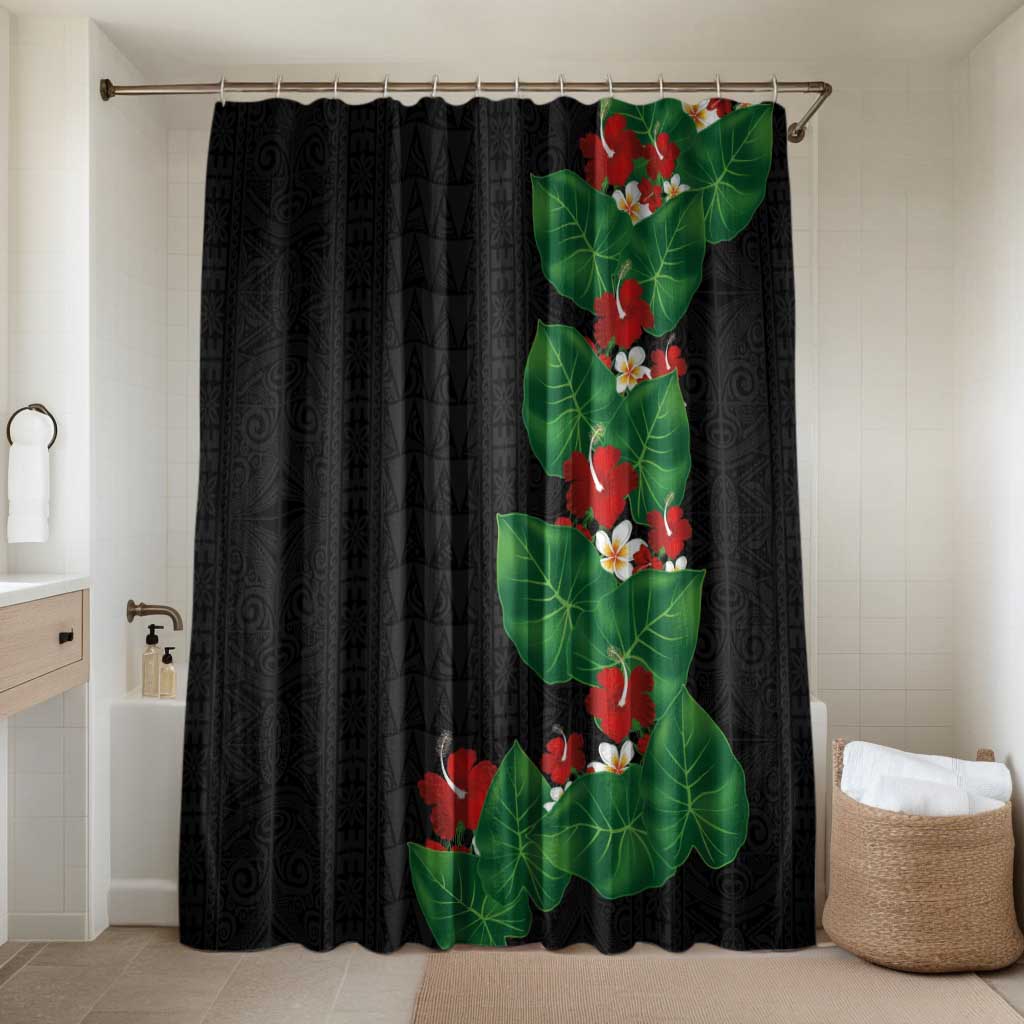 Hawaiian Taro Leaves-Hibiscus and Plumeria Bathroom Set Polynesian Art-Kakau Tattoo Black LT03 Shower Curtain Only Black - Polynesian Pride