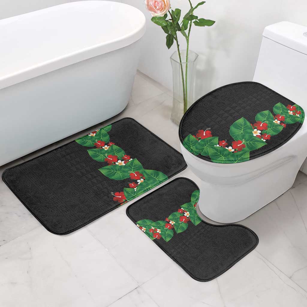 Hawaiian Taro Leaves-Hibiscus and Plumeria Bathroom Set Polynesian Art-Kakau Tattoo Black LT03 - Polynesian Pride