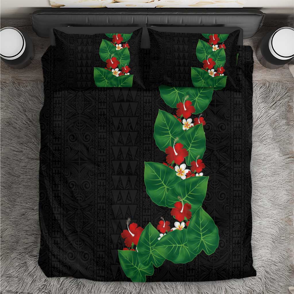 Hawaiian Taro Leaves-Hibiscus and Plumeria Bedding Set Polynesian Art-Kakau Tattoo Black LT03 Black - Polynesian Pride