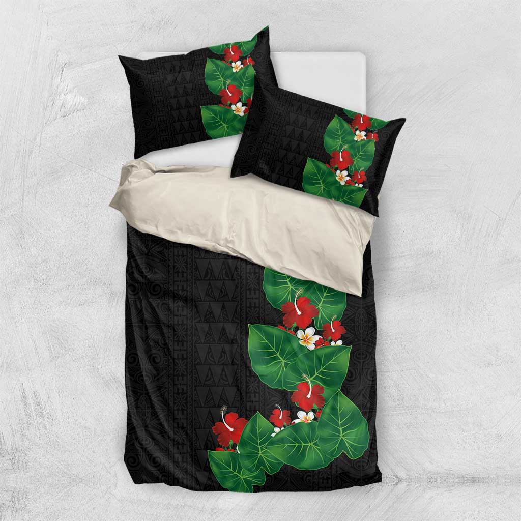 Hawaiian Taro Leaves-Hibiscus and Plumeria Bedding Set Polynesian Art-Kakau Tattoo Black LT03 US Twin 172cm x 218cm Black - Polynesian Pride