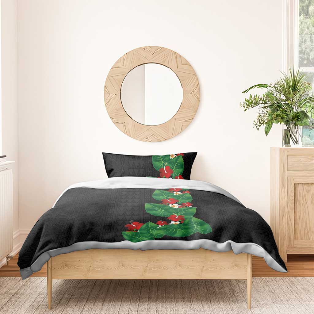 Hawaiian Taro Leaves-Hibiscus and Plumeria Bedding Set Polynesian Art-Kakau Tattoo Black LT03 - Polynesian Pride
