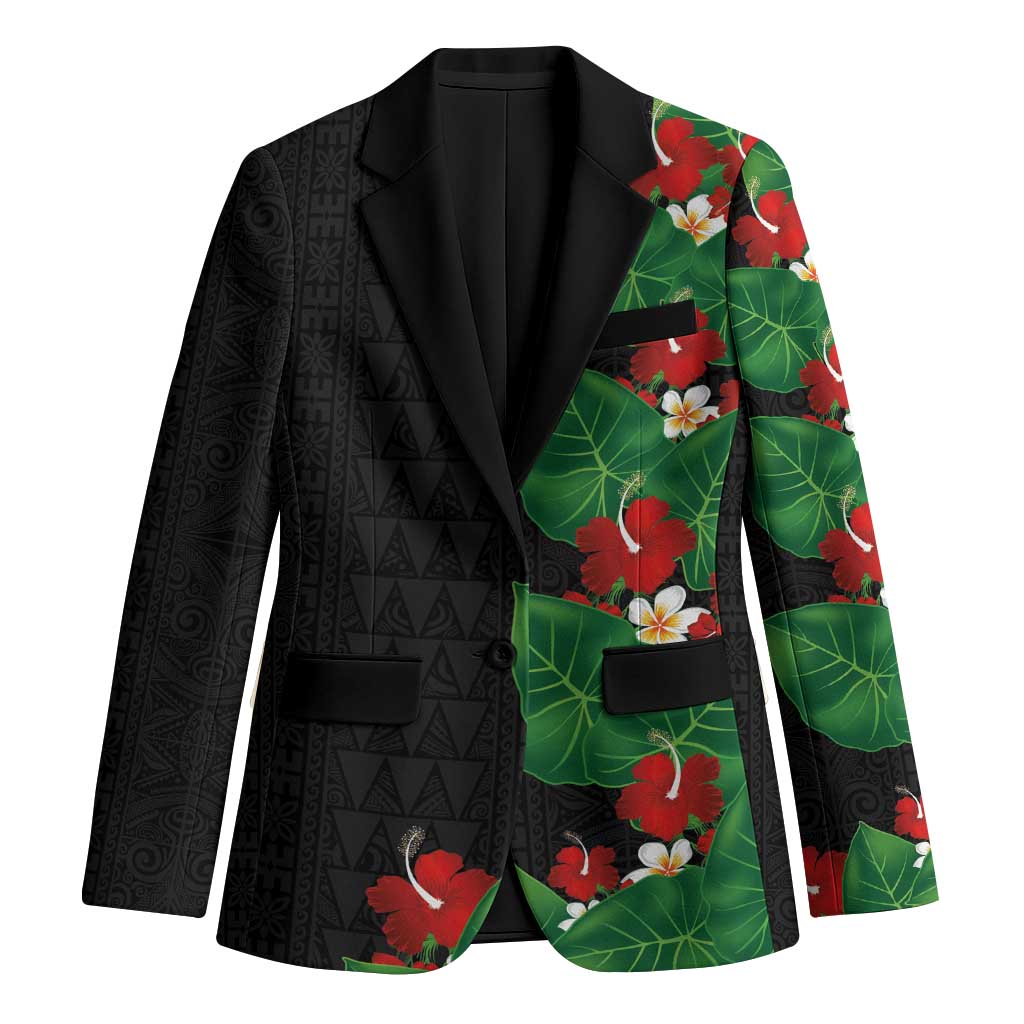 Hawaiian Taro Leaves-Hibiscus and Plumeria Blazer Polynesian Art-Kakau Tattoo Black LT03 Unisex Black - Polynesian Pride