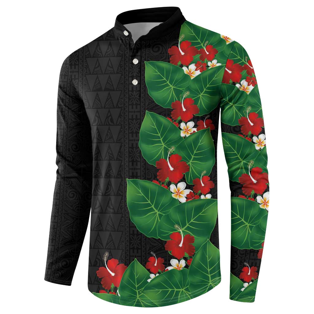 Hawaiian Taro Leaves-Hibiscus and Plumeria Button Sweatshirt Polynesian Art-Kakau Tattoo Black LT03 - Polynesian Pride