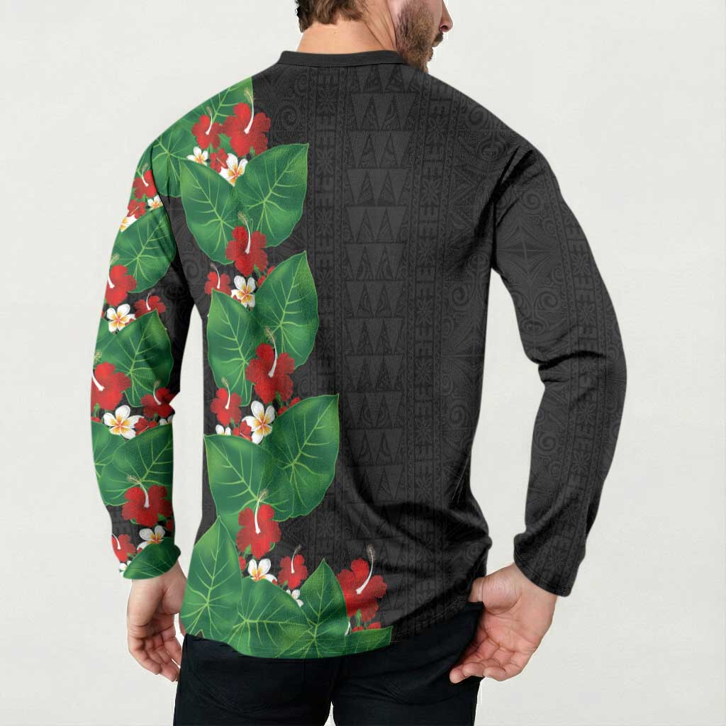 Hawaiian Taro Leaves-Hibiscus and Plumeria Button Sweatshirt Polynesian Art-Kakau Tattoo Black LT03 - Polynesian Pride