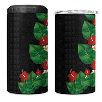 Hawaiian Taro Leaves-Hibiscus and Plumeria 4 in 1 Can Cooler Tumbler Polynesian Art-Kakau Tattoo Black
