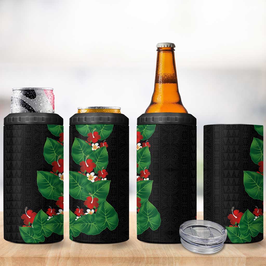 Hawaiian Taro Leaves-Hibiscus and Plumeria 4 in 1 Can Cooler Tumbler Polynesian Art-Kakau Tattoo Black