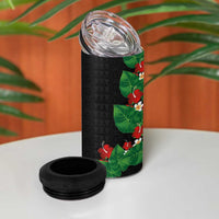 Hawaiian Taro Leaves-Hibiscus and Plumeria 4 in 1 Can Cooler Tumbler Polynesian Art-Kakau Tattoo Black
