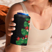 Hawaiian Taro Leaves-Hibiscus and Plumeria 4 in 1 Can Cooler Tumbler Polynesian Art-Kakau Tattoo Black