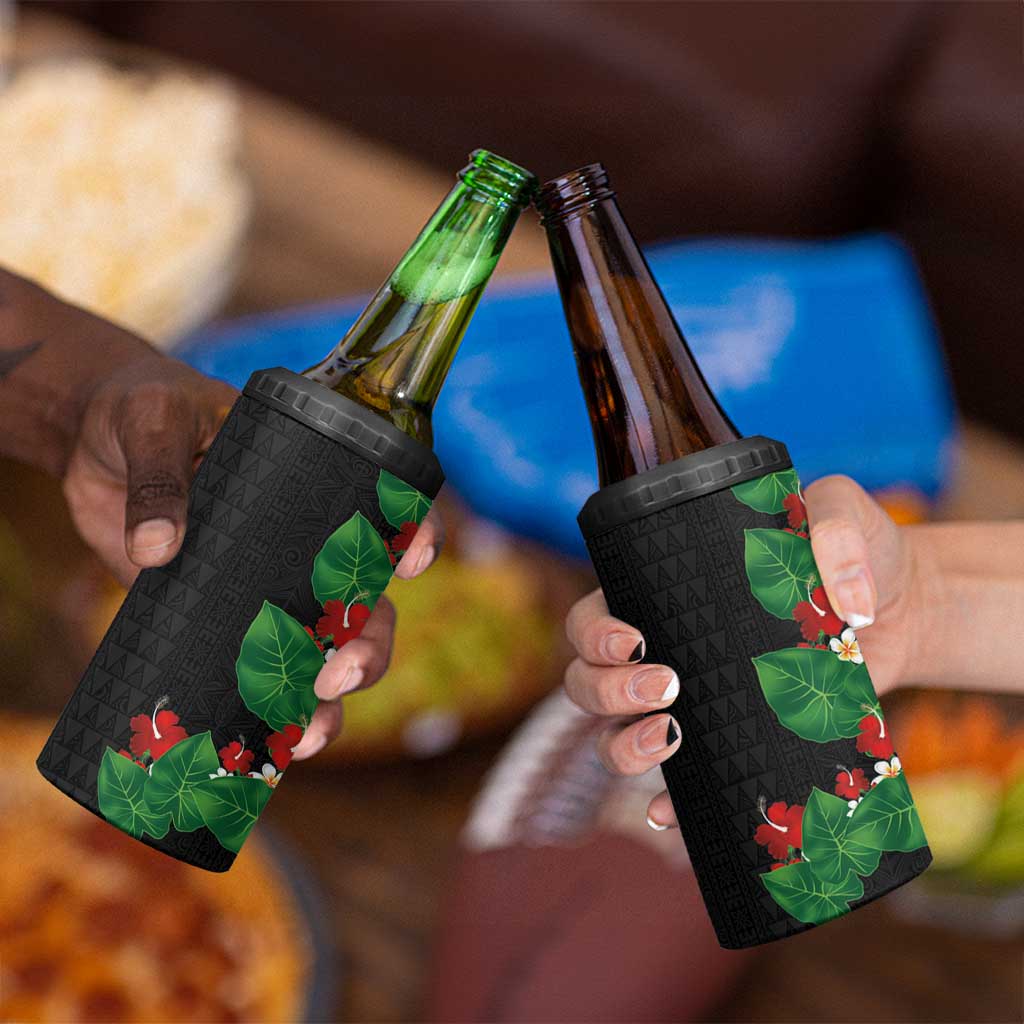 Hawaiian Taro Leaves-Hibiscus and Plumeria 4 in 1 Can Cooler Tumbler Polynesian Art-Kakau Tattoo Black