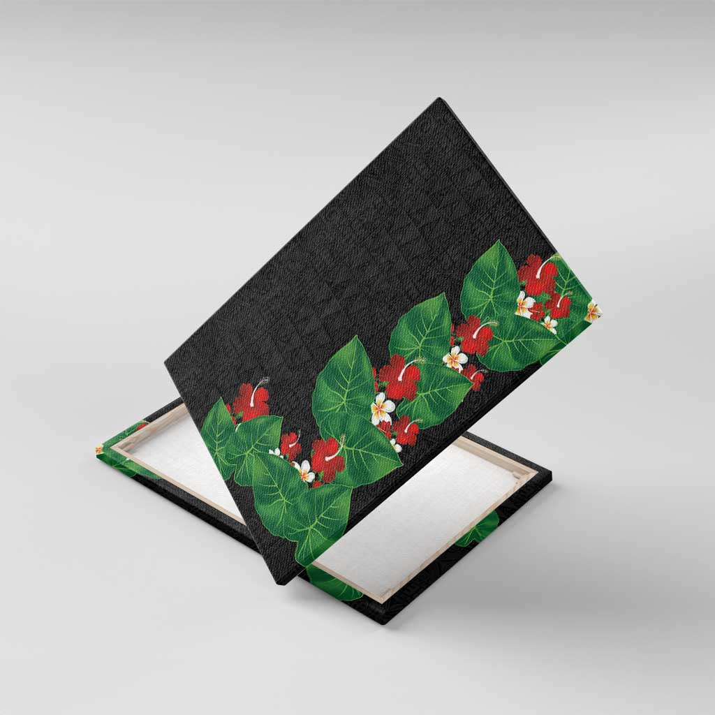 Hawaiian Taro Leaves-Hibiscus and Plumeria Canvas Wall Art Polynesian Art-Kakau Tattoo Black LT03 With Frame Black - Polynesian Pride