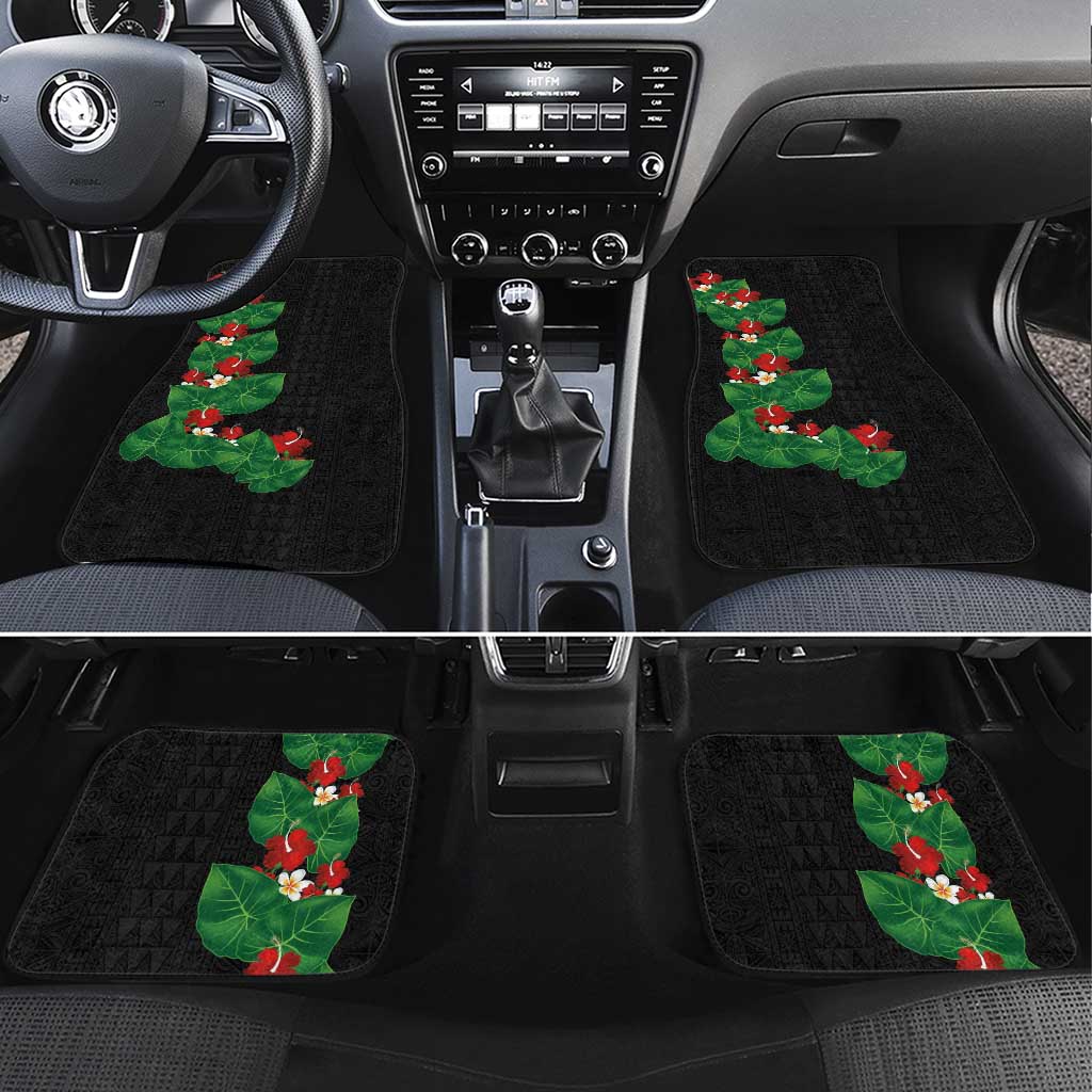 Hawaiian Taro Leaves-Hibiscus and Plumeria Car Mats Polynesian Art-Kakau Tattoo Black