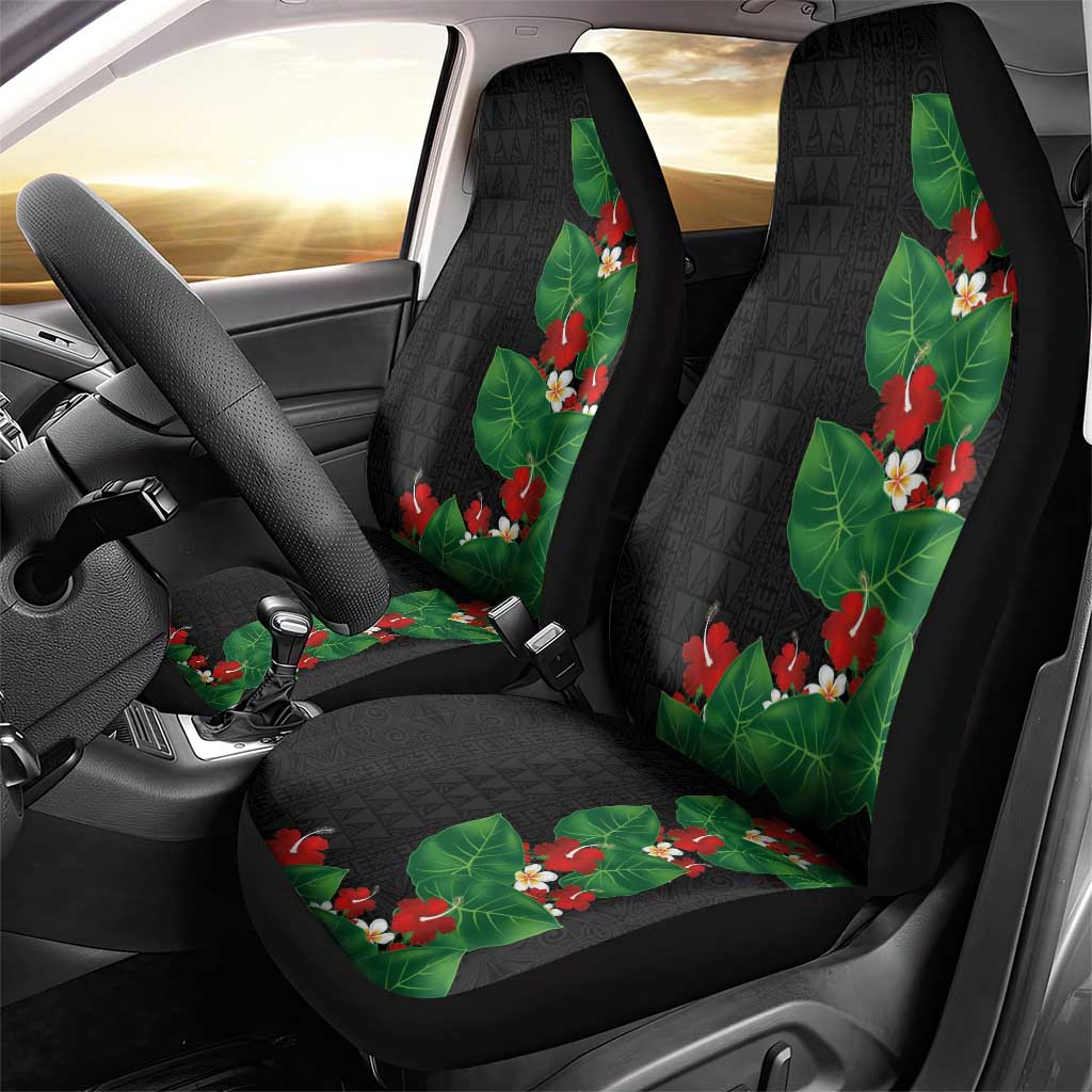 Hawaiian Taro Leaves-Hibiscus and Plumeria Car Seat Cover Polynesian Art-Kakau Tattoo Black