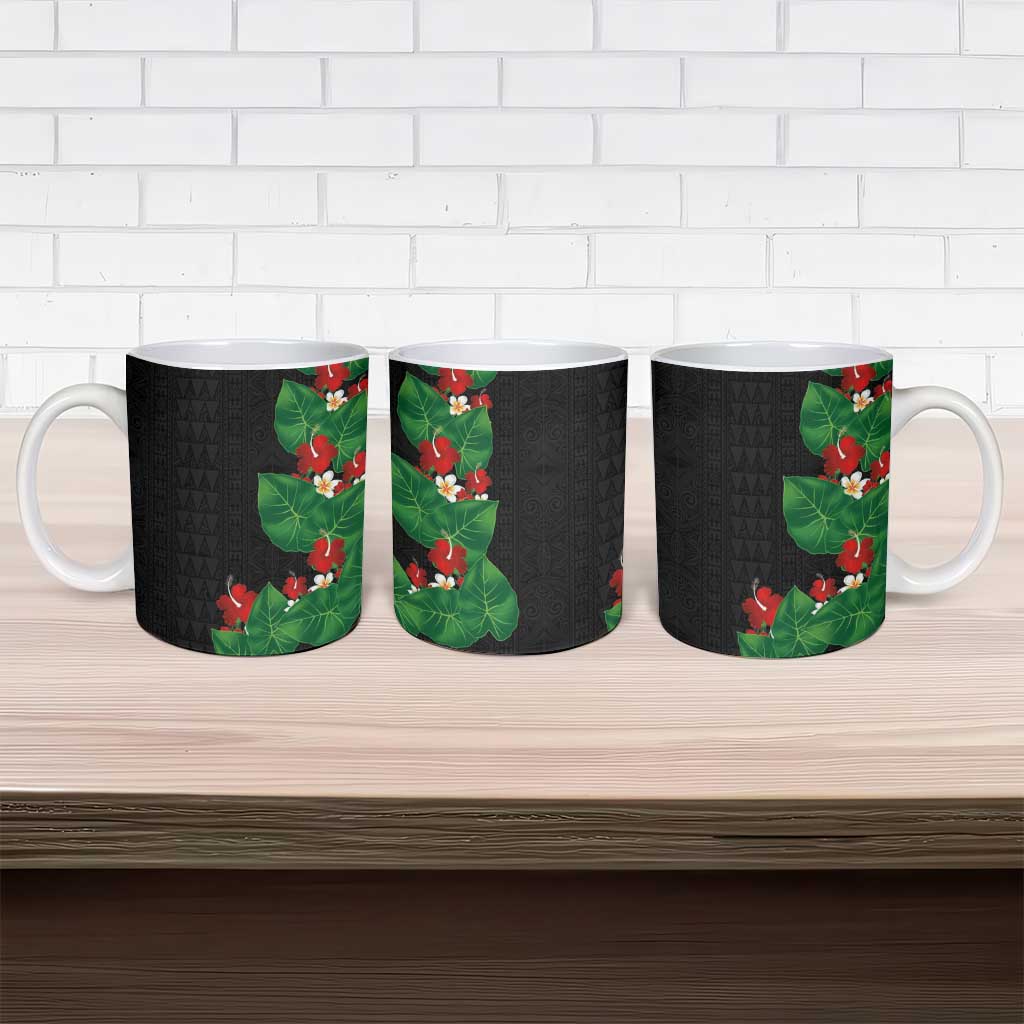 Hawaiian Taro Leaves-Hibiscus and Plumeria Ceramic Mug Polynesian Art-Kakau Tattoo Black LT03 - Polynesian Pride