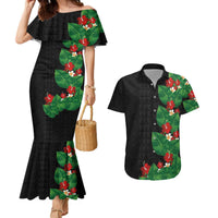 Hawaiian Taro Leaves-Hibiscus and Plumeria Couples Matching Mermaid Dress and Hawaiian Shirt Polynesian Art-Kakau Tattoo Black LT03 Black - Polynesian Pride