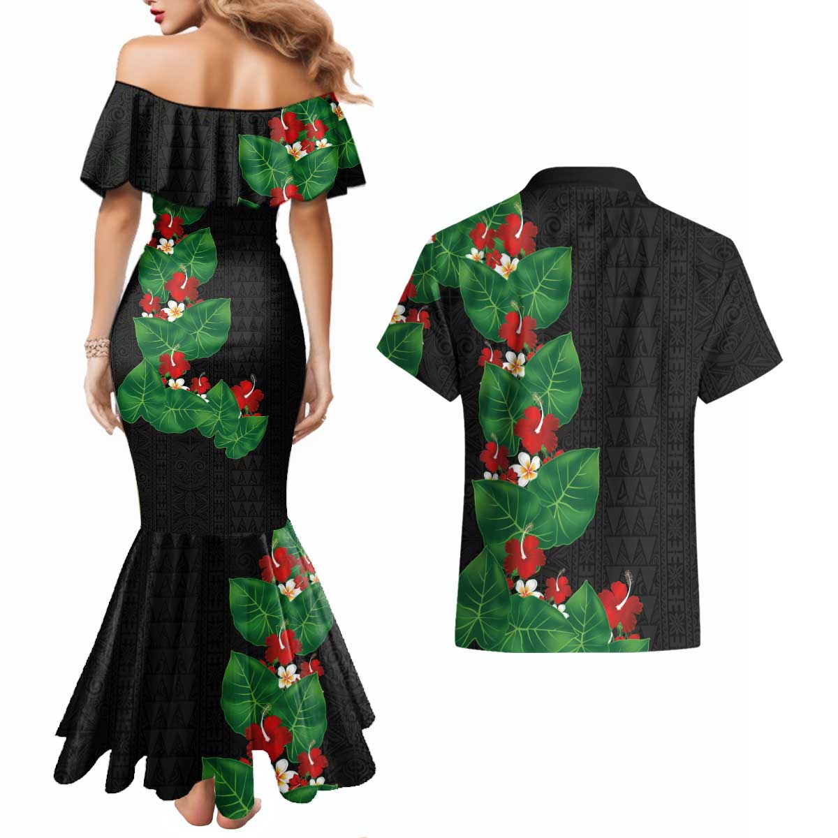 Hawaiian Taro Leaves-Hibiscus and Plumeria Couples Matching Mermaid Dress and Hawaiian Shirt Polynesian Art-Kakau Tattoo Black LT03 - Polynesian Pride
