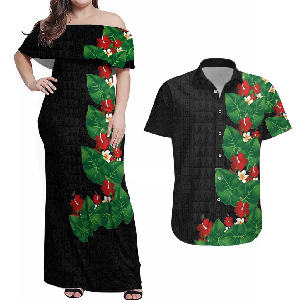 Hawaiian Taro Leaves-Hibiscus and Plumeria Couples Matching Off Shoulder Maxi Dress and Hawaiian Shirt Polynesian Art-Kakau Tattoo Black LT03 Black - Polynesian Pride