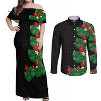 Hawaiian Taro Leaves-Hibiscus and Plumeria Couples Matching Off Shoulder Maxi Dress and Long Sleeve Button Shirt Polynesian Art-Kakau Tattoo Black