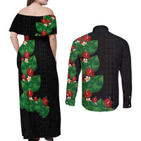 Hawaiian Taro Leaves-Hibiscus and Plumeria Couples Matching Off Shoulder Maxi Dress and Long Sleeve Button Shirt Polynesian Art-Kakau Tattoo Black