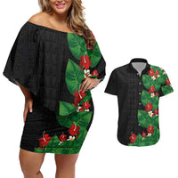 Hawaiian Taro Leaves-Hibiscus and Plumeria Couples Matching Off Shoulder Short Dress and Hawaiian Shirt Polynesian Art-Kakau Tattoo Black LT03 Black - Polynesian Pride