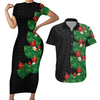 Hawaiian Taro Leaves-Hibiscus and Plumeria Couples Matching Short Sleeve Bodycon Dress and Hawaiian Shirt Polynesian Art-Kakau Tattoo Black LT03 Black - Polynesian Pride