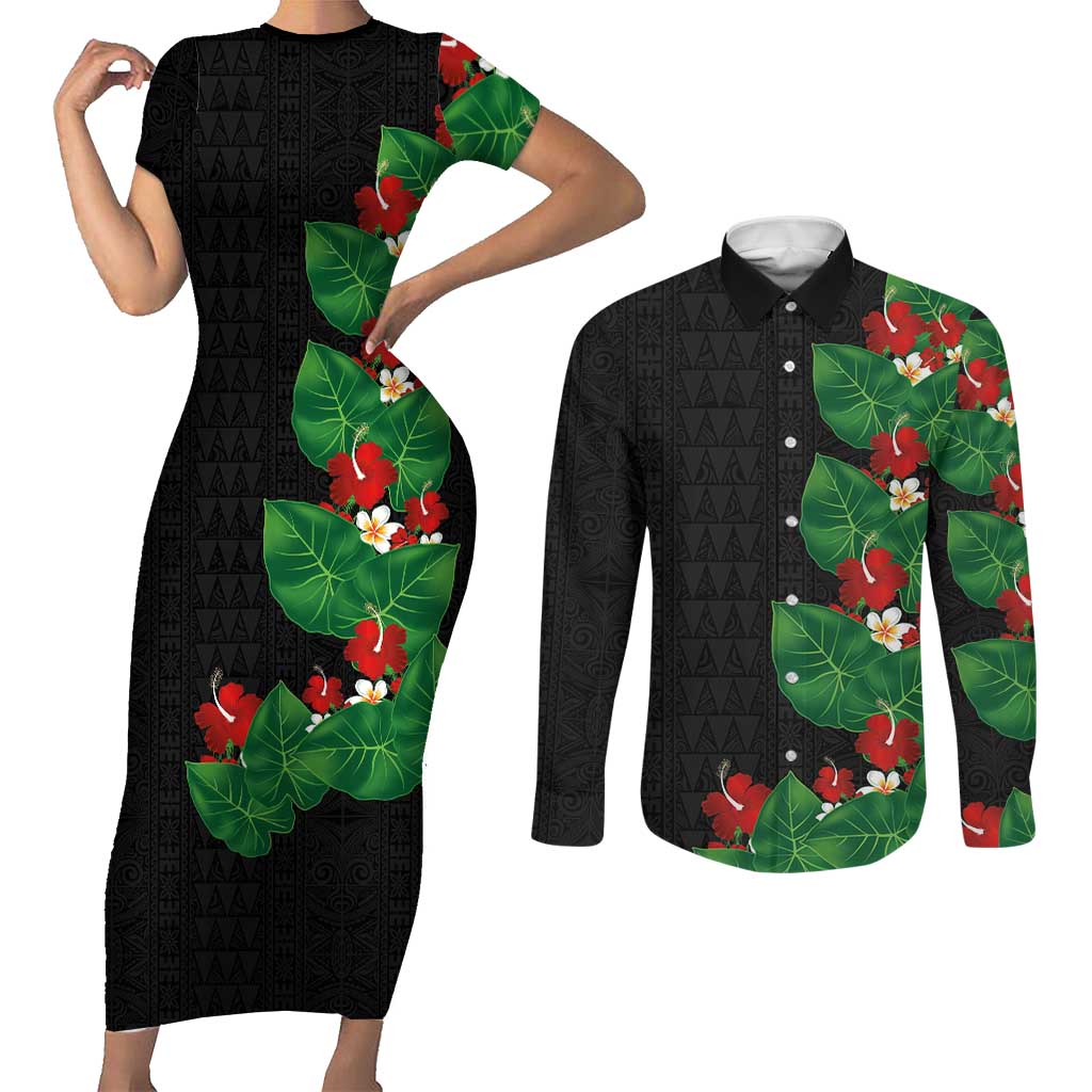 Hawaiian Taro Leaves-Hibiscus and Plumeria Couples Matching Short Sleeve Bodycon Dress and Long Sleeve Button Shirt Polynesian Art-Kakau Tattoo Black