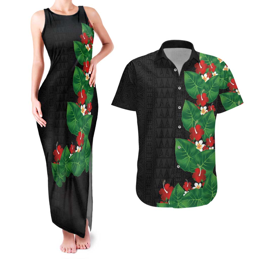 Hawaiian Taro Leaves-Hibiscus and Plumeria Couples Matching Tank Maxi Dress and Hawaiian Shirt Polynesian Art-Kakau Tattoo Black LT03 Black - Polynesian Pride