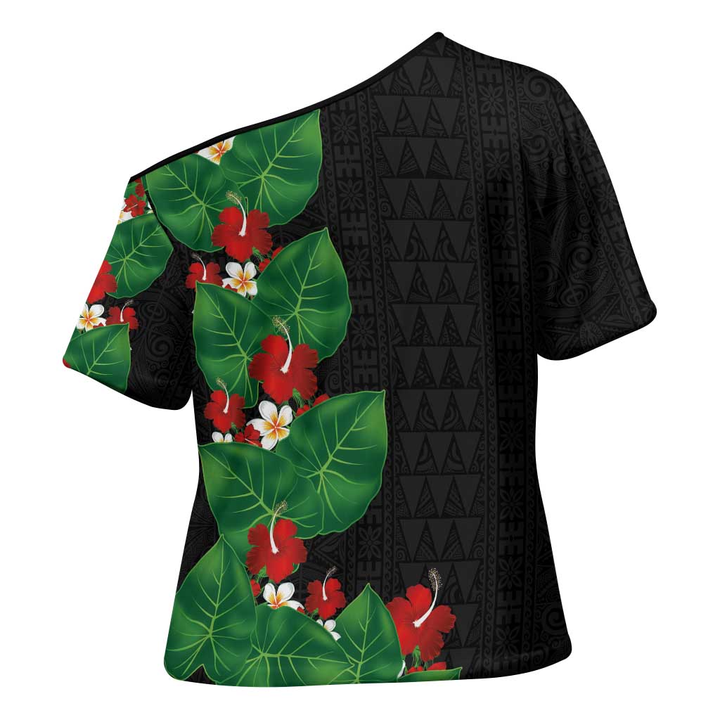 Hawaiian Taro Leaves-Hibiscus and Plumeria Cross Shoulder Shirt Polynesian Art-Kakau Tattoo Black
