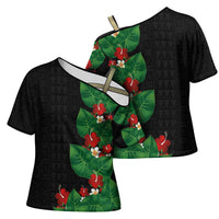 Hawaiian Taro Leaves-Hibiscus and Plumeria Cross Shoulder Shirt Polynesian Art-Kakau Tattoo Black