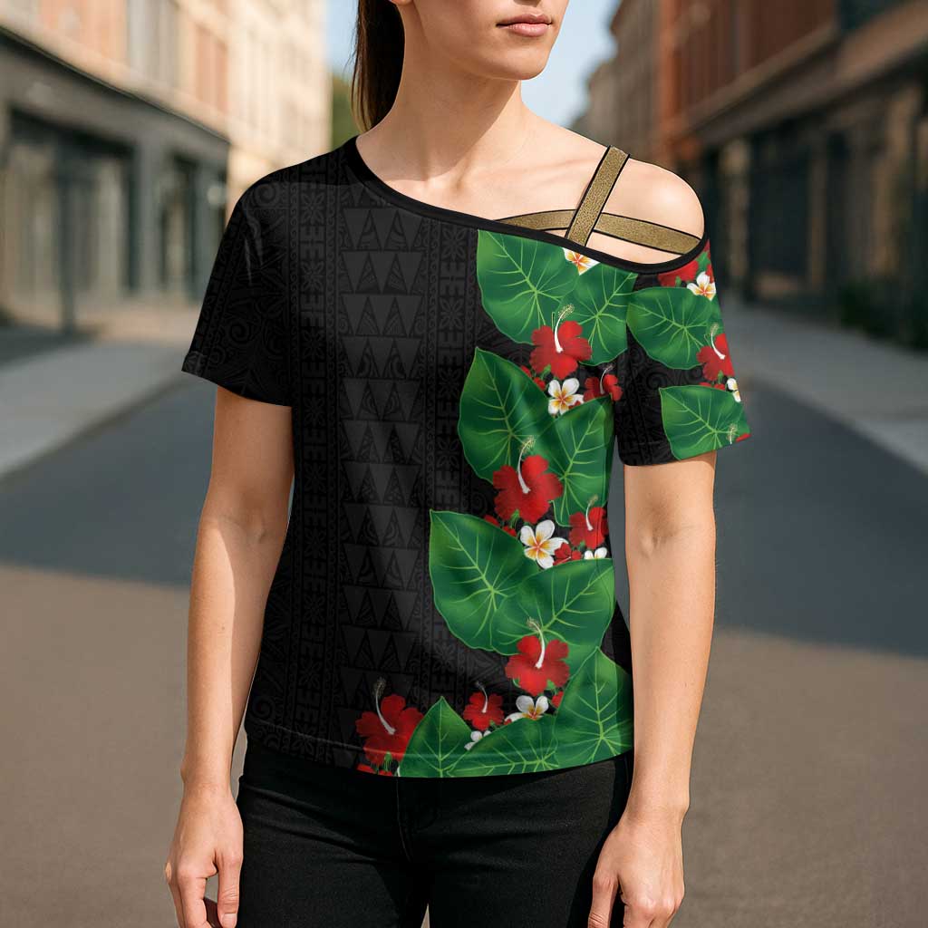 Hawaiian Taro Leaves-Hibiscus and Plumeria Cross Shoulder Shirt Polynesian Art-Kakau Tattoo Black