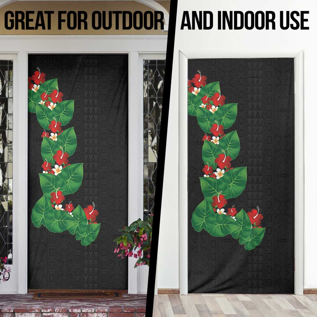 Hawaiian Taro Leaves-Hibiscus and Plumeria Door Cover Polynesian Art-Kakau Tattoo Black