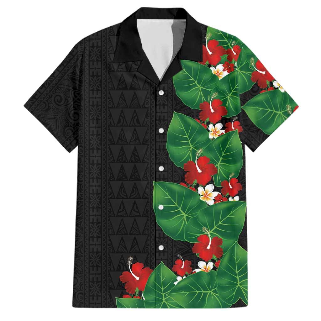 Hawaiian Taro Leaves-Hibiscus and Plumeria Family Matching Long Sleeve Bodycon Dress and Hawaiian Shirt Polynesian Art-Kakau Tattoo Black LT03 Dad's Shirt - Short Sleeve Black - Polynesian Pride