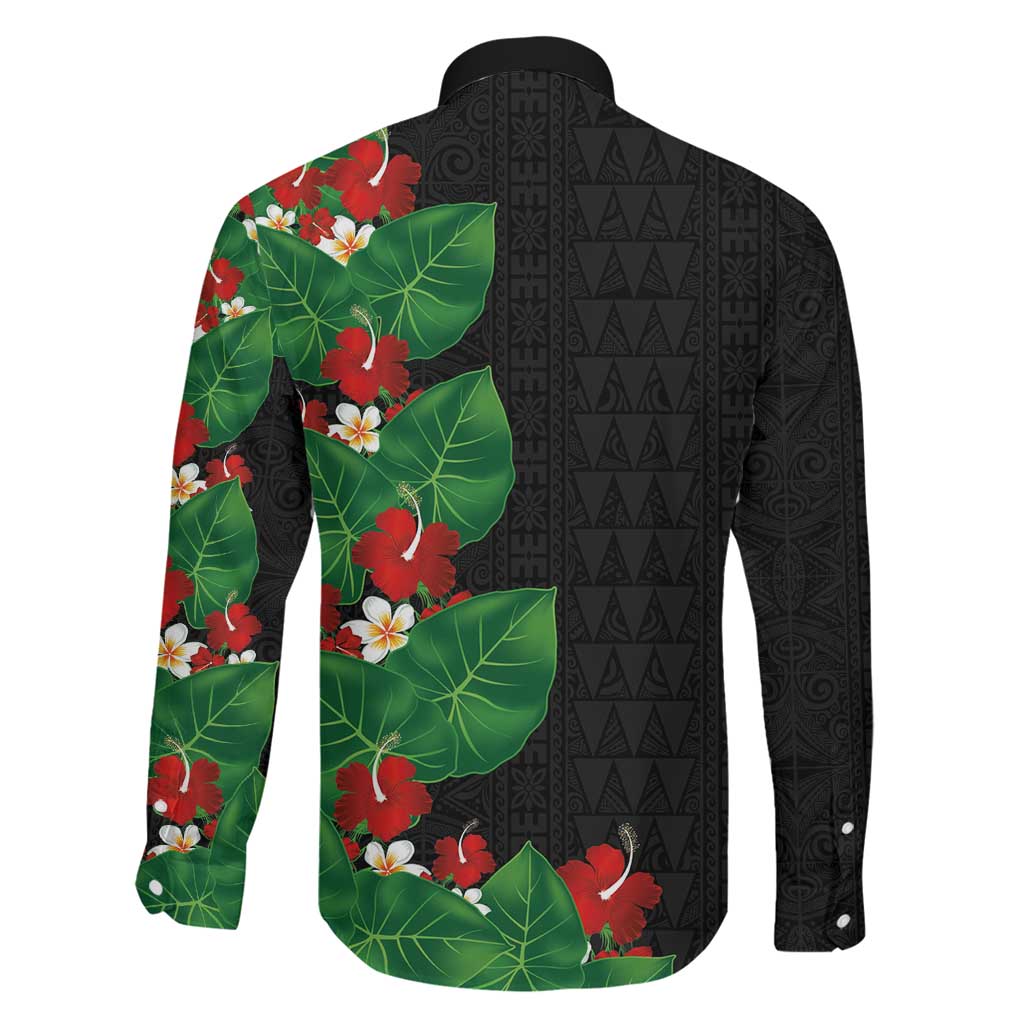 Hawaiian Taro Leaves-Hibiscus and Plumeria Family Matching Long Sleeve Bodycon Dress and Hawaiian Shirt Polynesian Art-Kakau Tattoo Black LT03 - Polynesian Pride