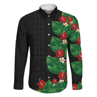 Hawaiian Taro Leaves-Hibiscus and Plumeria Family Matching Mermaid Dress and Hawaiian Shirt Polynesian Art-Kakau Tattoo Black LT03 Dad's Shirt - Long Sleeve Black - Polynesian Pride
