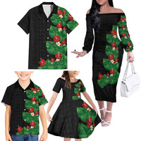 Hawaiian Taro Leaves-Hibiscus and Plumeria Family Matching Off The Shoulder Long Sleeve Dress and Hawaiian Shirt Polynesian Art-Kakau Tattoo Black LT03 - Polynesian Pride
