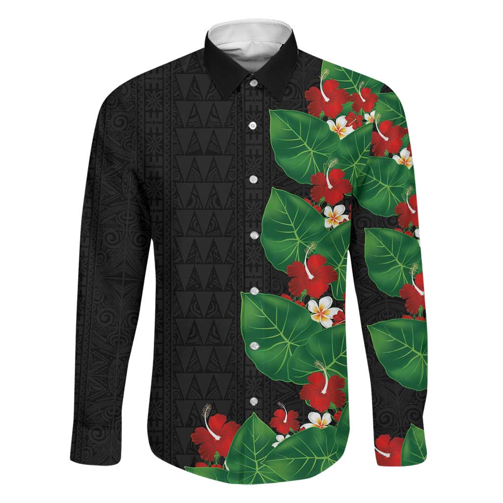 Hawaiian Taro Leaves-Hibiscus and Plumeria Family Matching Off The Shoulder Long Sleeve Dress and Hawaiian Shirt Polynesian Art-Kakau Tattoo Black LT03 Dad's Shirt - Long Sleeve Black - Polynesian Pride